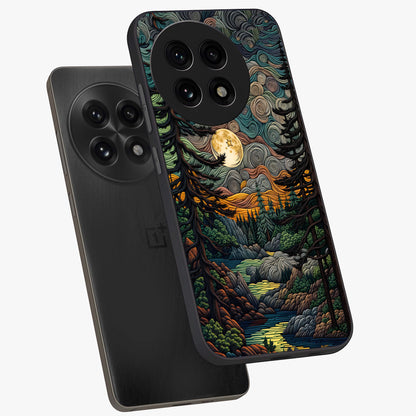 Moonlight Forest Dream Glass Case for 1+13R angled mockup showcasing glossy finish and deep night gradients