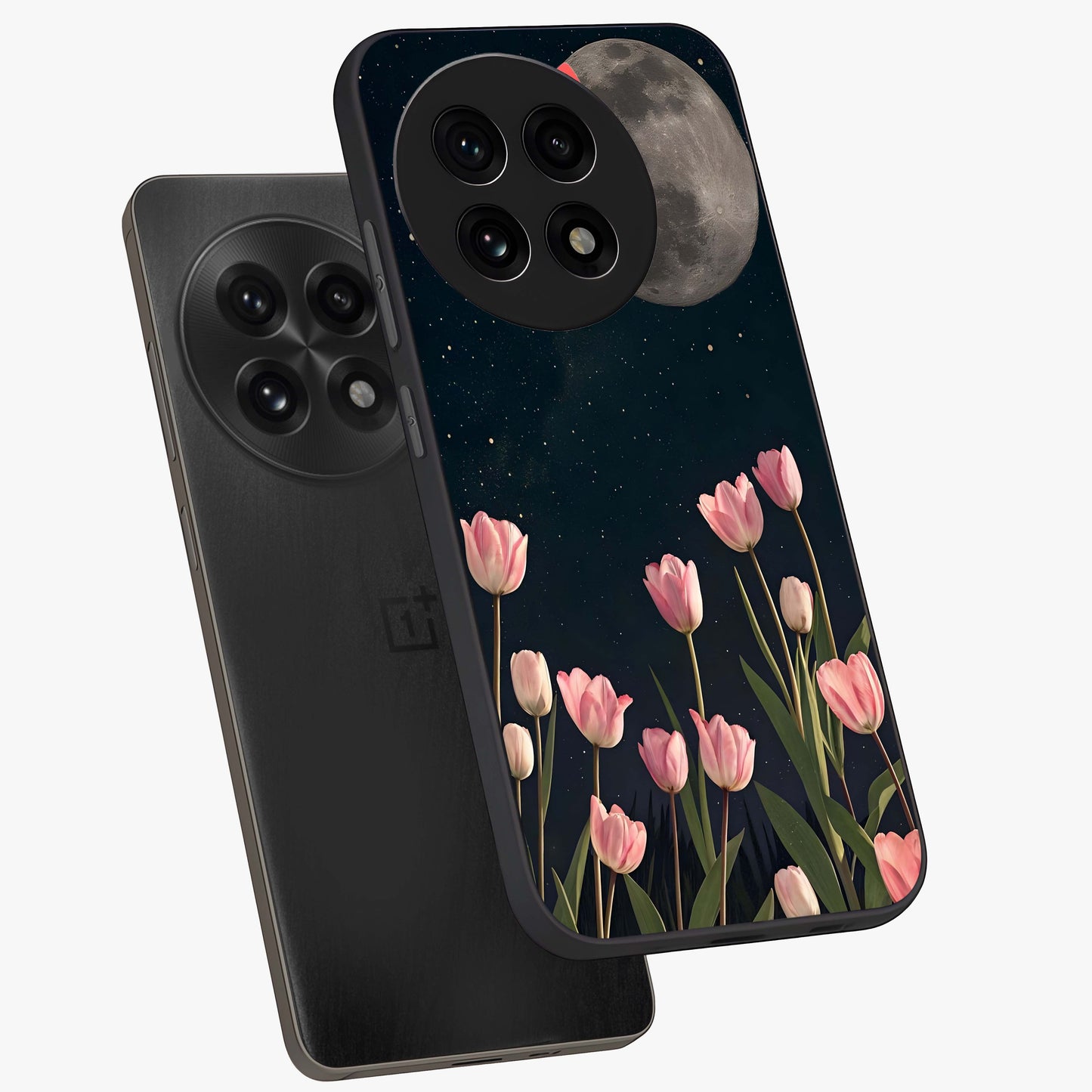 Moonlit Night Tulip Glass Case for 1+13R angled mockup showcasing glossy finish and soft luminous accents