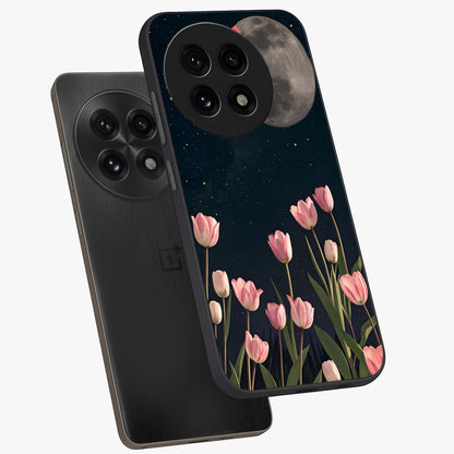 Moonlit Night Tulip Glass Case for 1+13R angled mockup showcasing glossy finish and soft luminous accents
