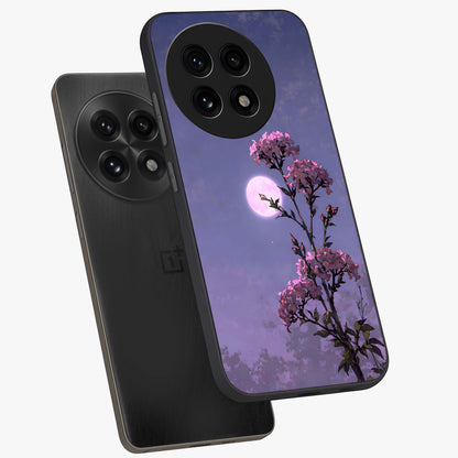 Moonlit Petal Night Glass Case for 1+13R angled mockup showcasing glossy finish and subtle moonlight detailing
