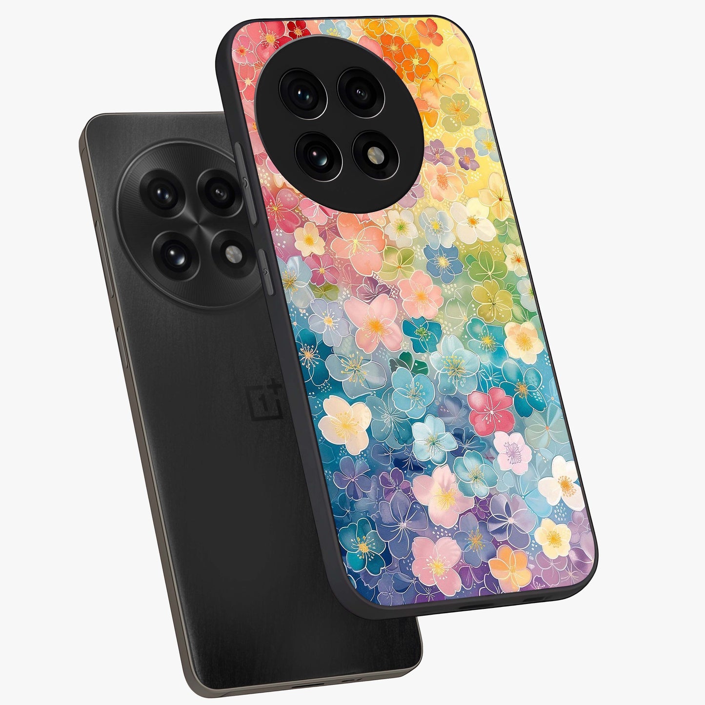 Multiple Background With Flower Glass Case for 1+13R angled mockup showcasing glossy glass finish and colorful detailing