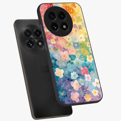Multiple Background With Flower Glass Case for 1+13R angled mockup showcasing glossy glass finish and colorful detailing