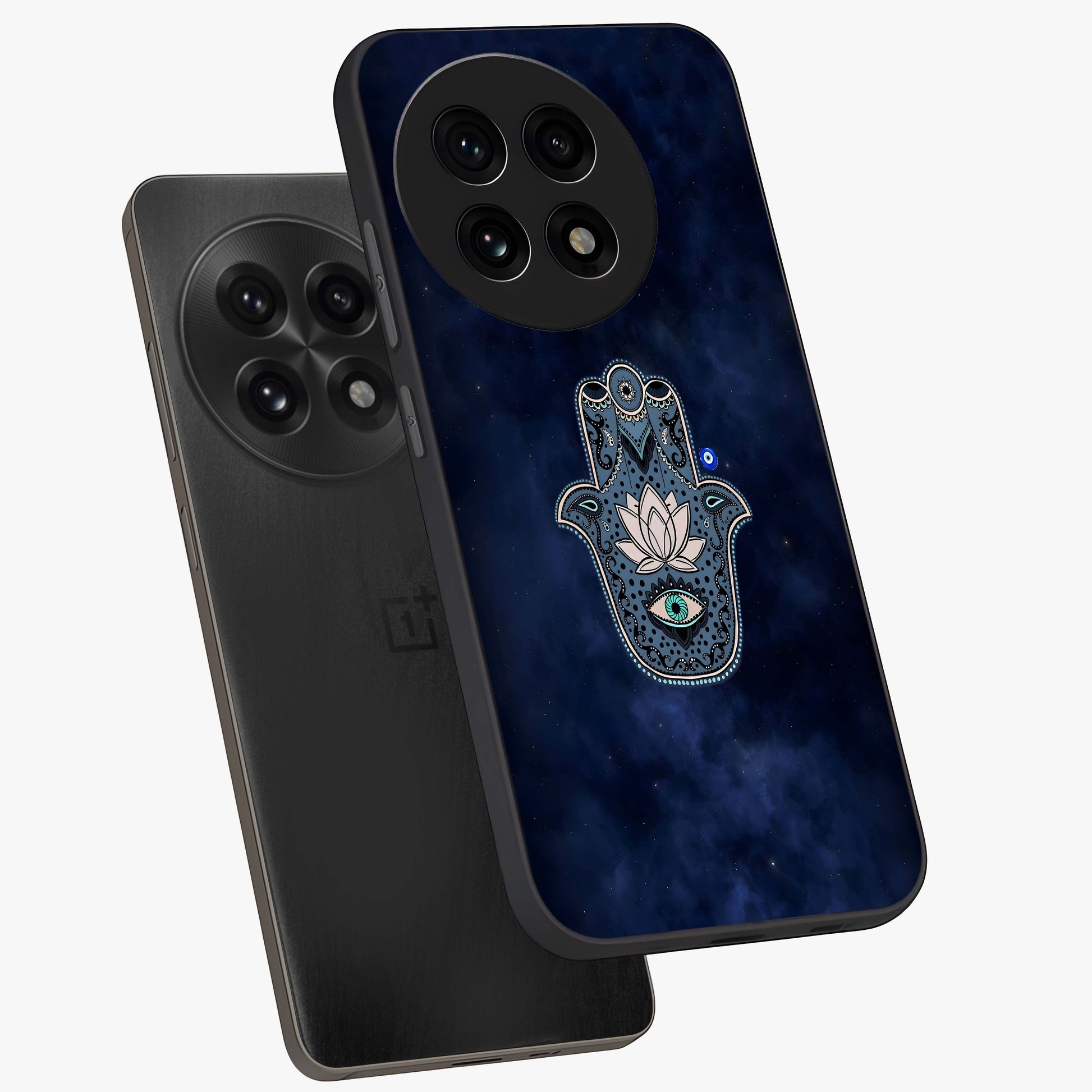 Mystic Calm Shield Glass Case for 1+13R angled mockup showcasing glossy finish and subtle mystical detailing