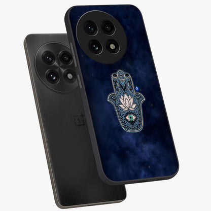 Mystic Calm Shield Glass Case for 1+13R angled mockup showcasing glossy finish and subtle mystical detailing