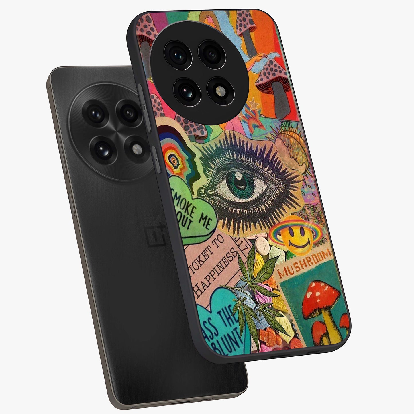 Mystic Eye Wonderland Glass Case for 1+13R angled mockup showcasing glossy finish and vibrant cosmic tones