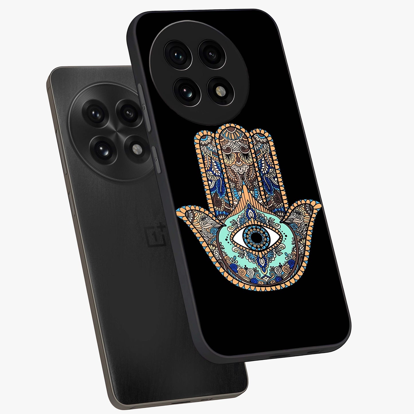 Mystic Hamsa Eye Glass Case for 1+13R angled mockup showcasing glossy finish and protective design elements