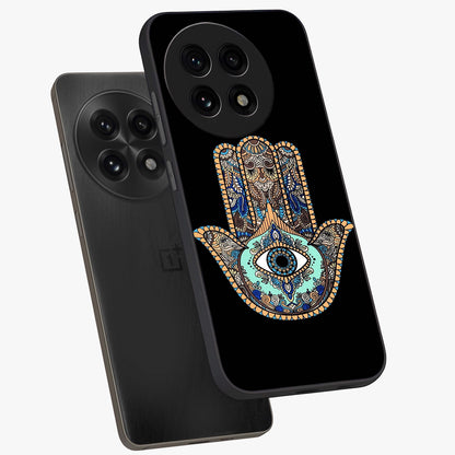 Mystic Hamsa Eye Glass Case for 1+13R angled mockup showcasing glossy finish and protective design elements