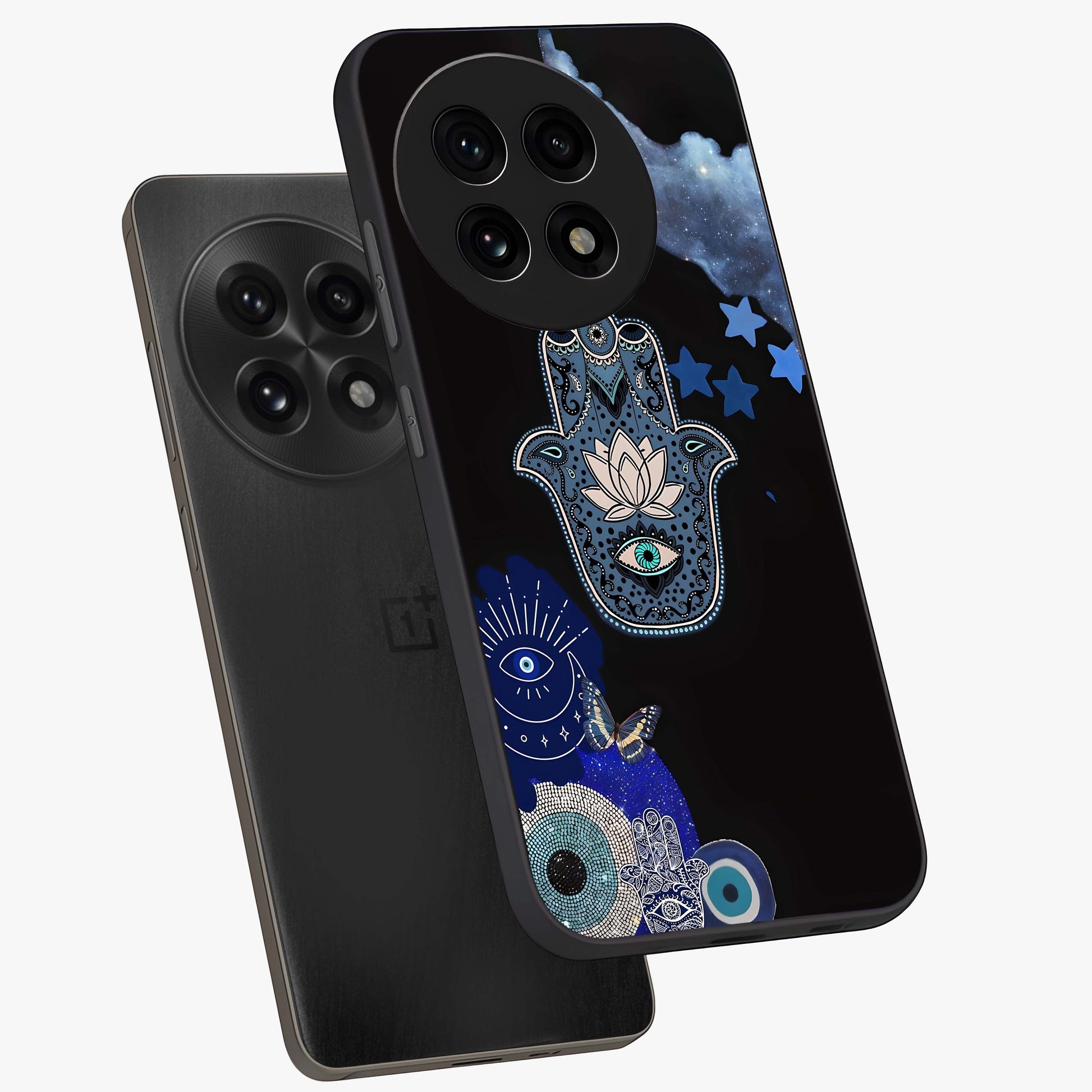 Mystic Hand Aura Glass Case for 1+13R angled mockup showcasing glossy finish and radiant mystical detailing