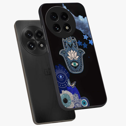 Mystic Hand Aura Glass Case for 1+13R angled mockup showcasing glossy finish and radiant mystical detailing