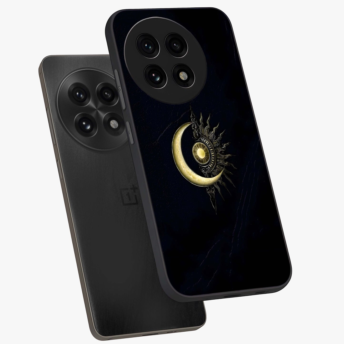 Mystic Lunar Flame Glass Case for 1+13R angled mockup showcasing glossy finish and glowing night tones