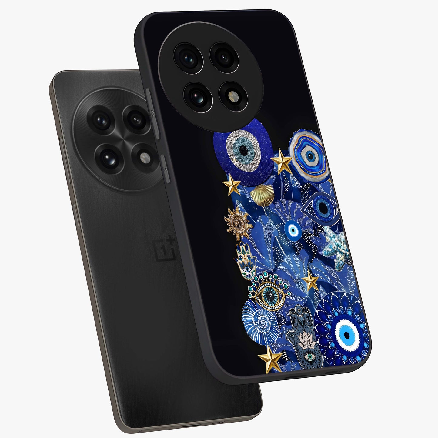Mystic Ocean Eye Glass Case for 1+13R angled mockup showcasing glossy finish and fluid wave detailing