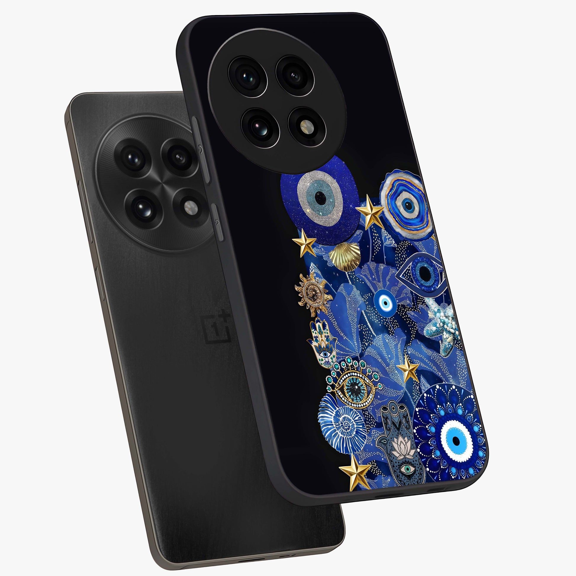 Mystic Ocean Eye Glass Case for 1+13R angled mockup showcasing glossy finish and fluid wave detailing