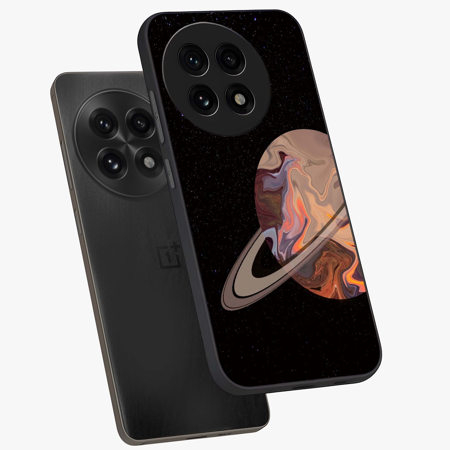Mystic Saturn Aesthetic Glass Case for 1+13R angled mockup showcasing glossy finish and deep space gradients