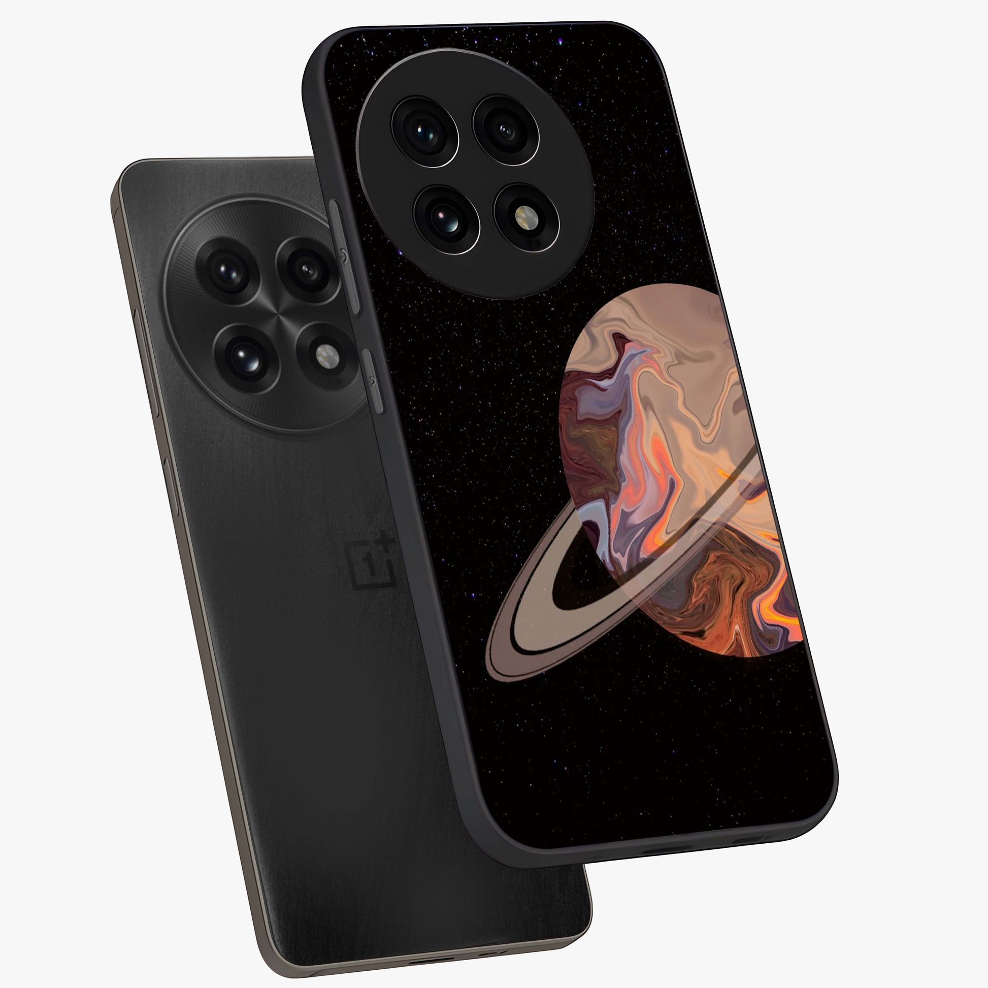 Mystic Saturn Aesthetic Glass Case for 1+13R angled mockup showcasing glossy finish and deep space gradients