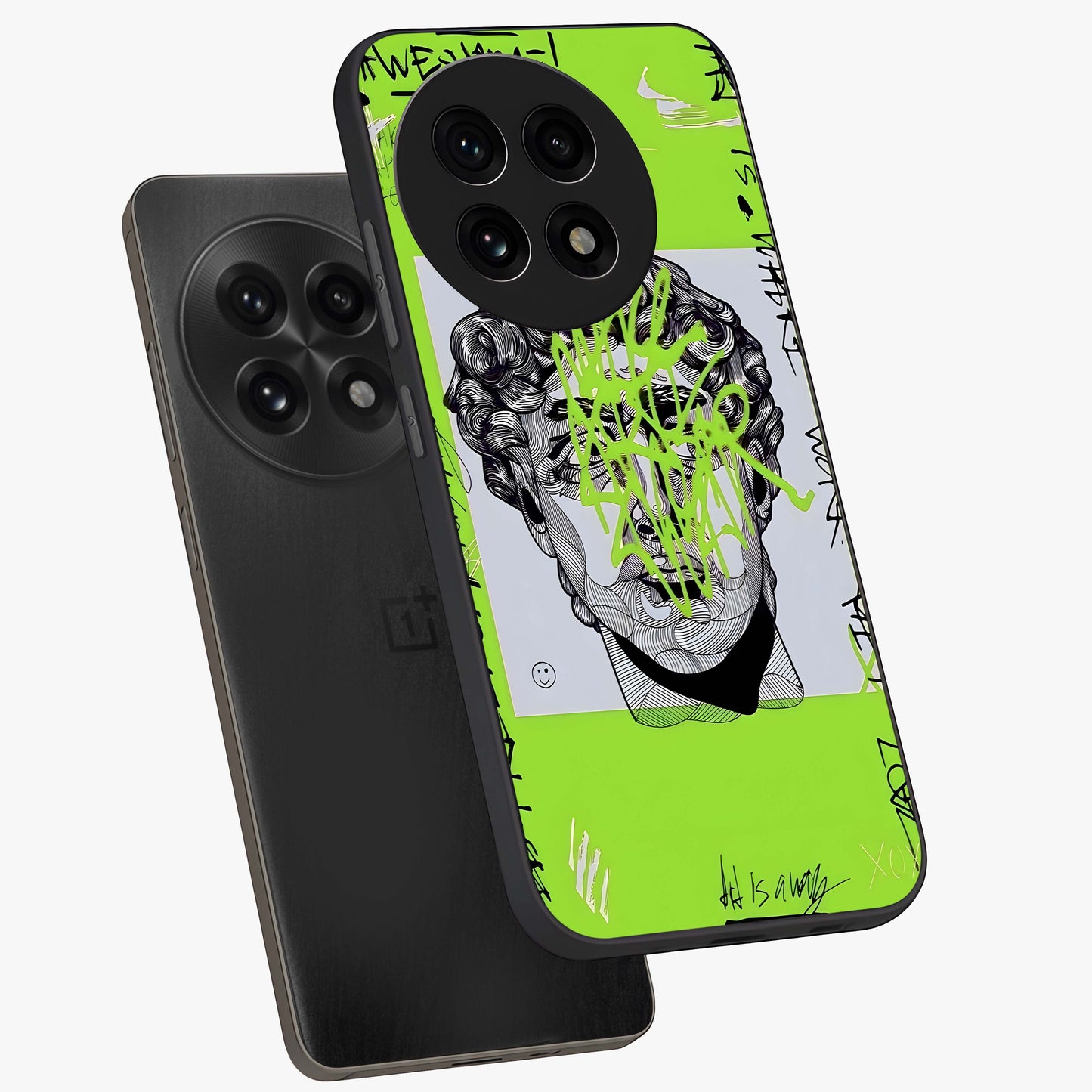 Neo Graffiti Rebellion Glass Case for 1+13R angled mockup showcasing glossy finish and urban neon detailing