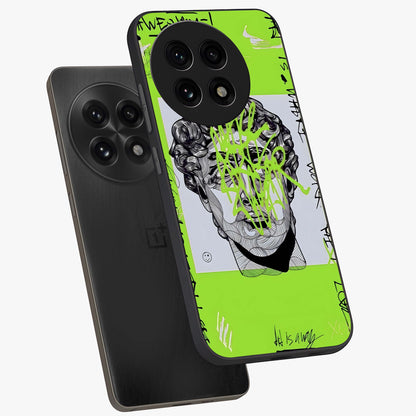 Neo Graffiti Rebellion Glass Case for 1+13R angled mockup showcasing glossy finish and urban neon detailing
