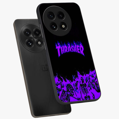 Neon Flame Riot Glass Case for 1+13R angled mockup showcasing glossy finish and high contrast colors