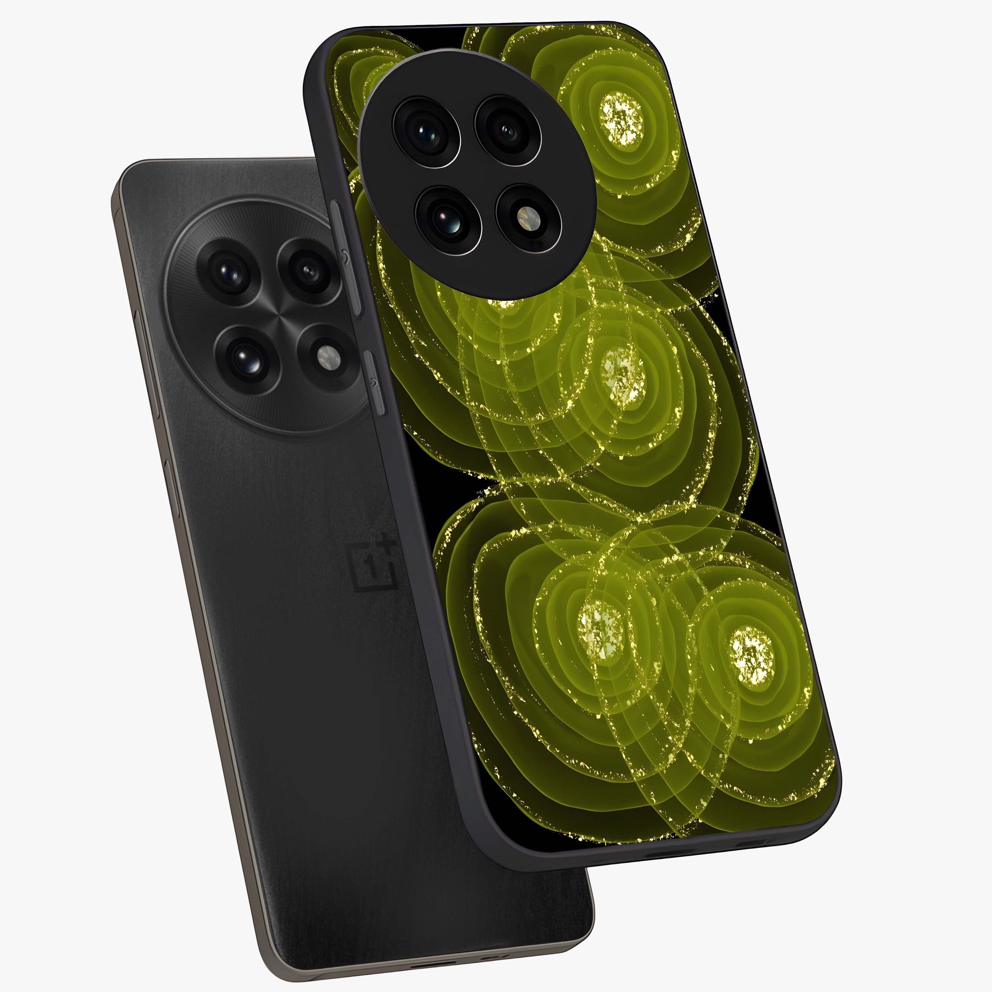 Neon Orbit Bloom Marble Glass Case for 1+13R angled mockup showcasing glossy finish and vibrant bloom detailing