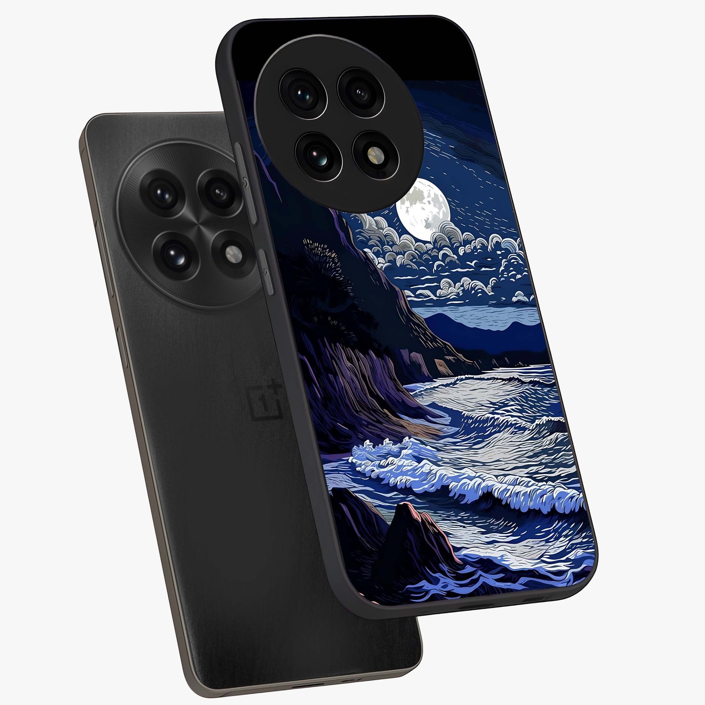 Night Moon Scenery Pattern Glass Case for 1+13R angled mockup showcasing glossy finish and deep night tones