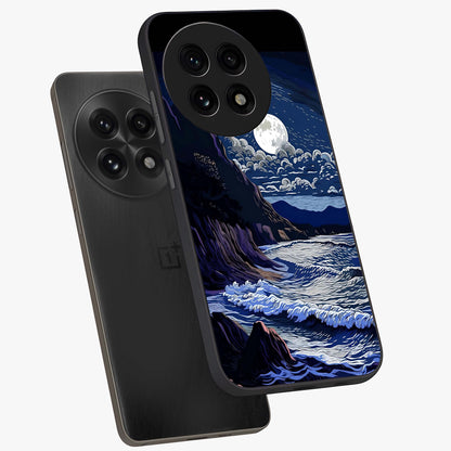 Night Moon Scenery Pattern Glass Case for 1+13R angled mockup showcasing glossy finish and deep night tones