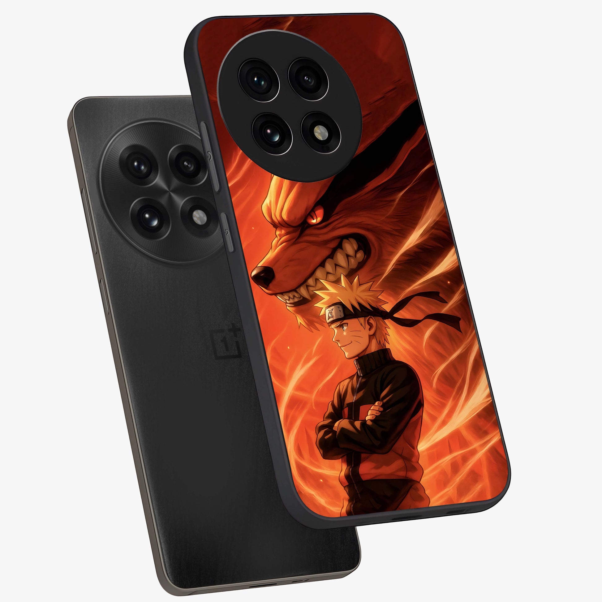 Nine Tails Legacy Glass Case for 1+13R angled mockup showcasing glossy finish and dramatic fiery tones