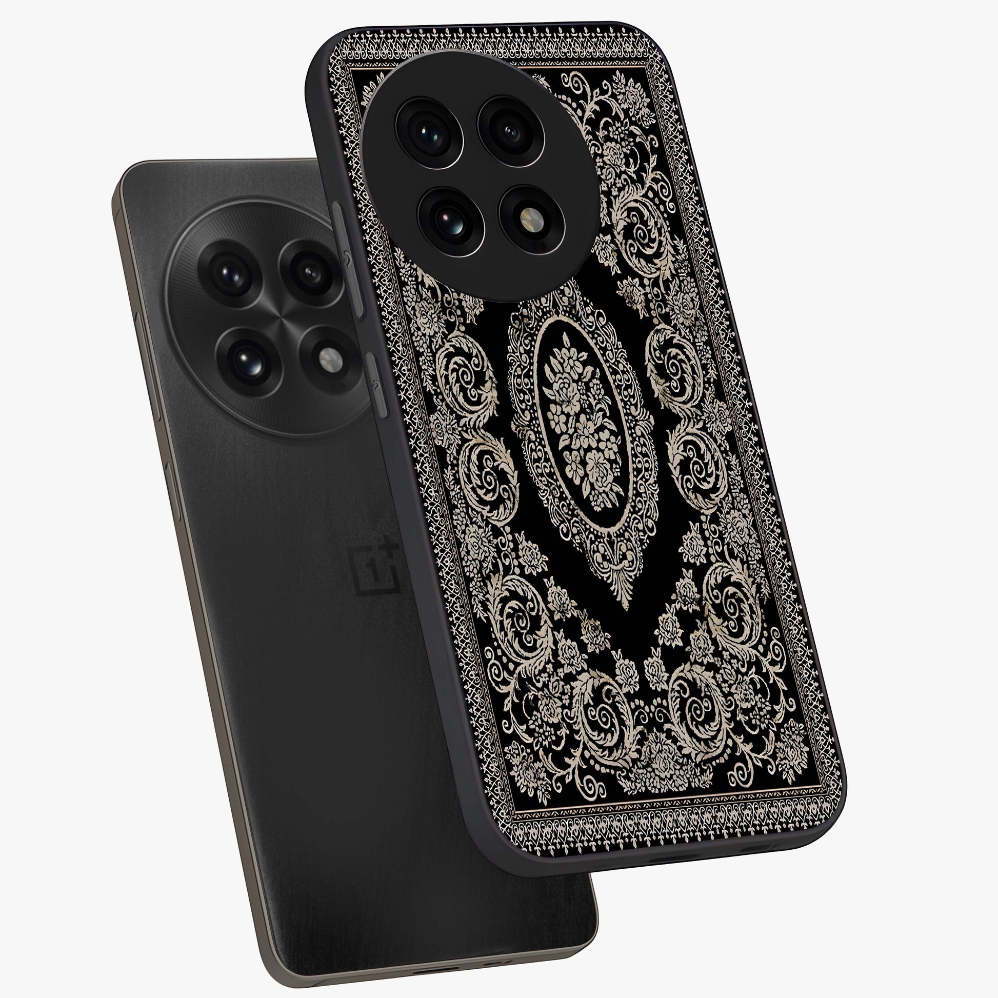 Noir Bloom Elegance Glass Case for 1+13R angled mockup showcasing glossy finish and refined bloom detailing