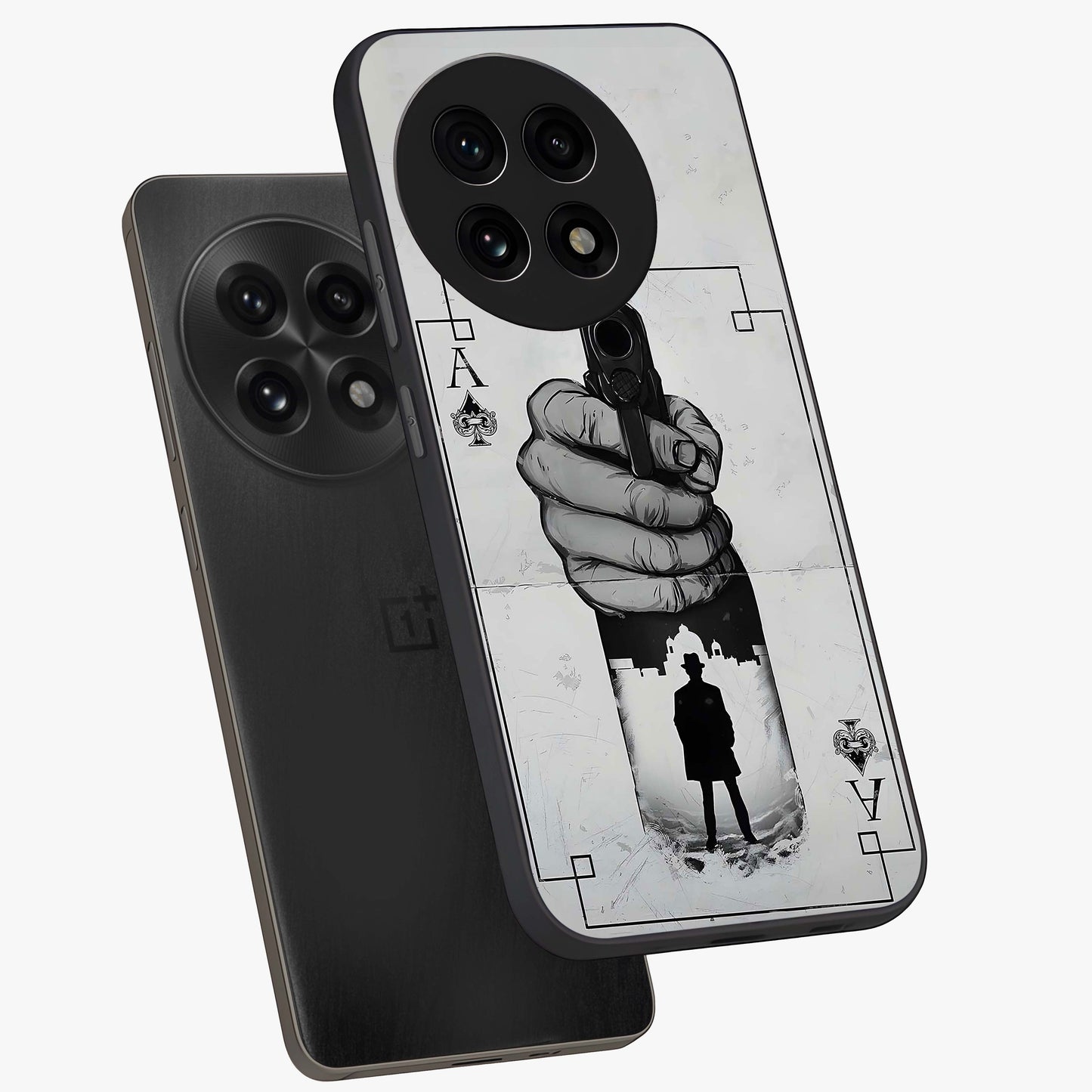 Noir Trigger Fate Glass Case for 1+13R angled mockup showcasing glossy finish and intense shadow detailing
