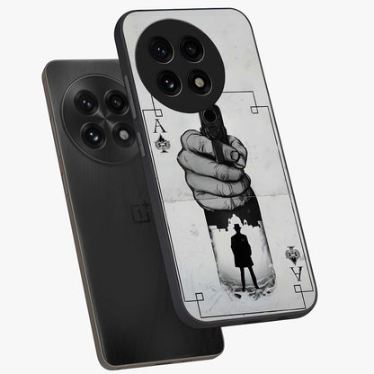 Noir Trigger Fate Glass Case for 1+13R angled mockup showcasing glossy finish and intense shadow detailing