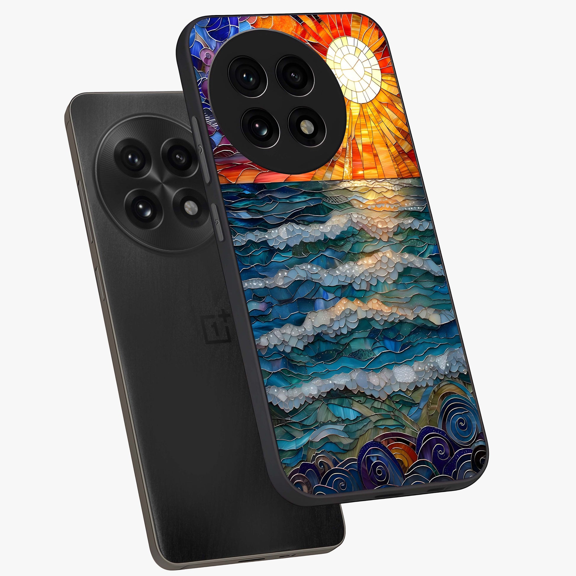 Oceanic Stained Printed Glass Case for 1+13R angled mockup showcasing glossy finish and rich aquatic tones