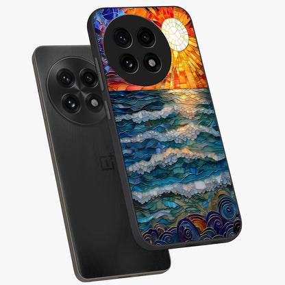 Oceanic Stained Printed Glass Case for 1+13R angled mockup showcasing glossy finish and rich aquatic tones