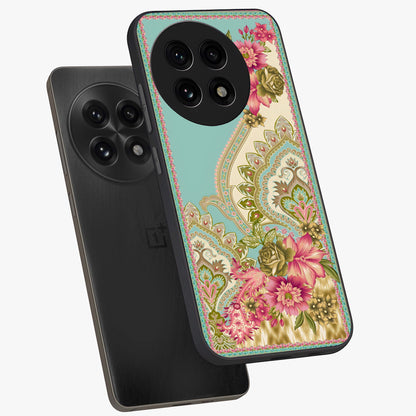 Ornate Mughal Floral Pattern Glass Case for 1+13R angled mockup showcasing glossy finish and rich heritage detailing