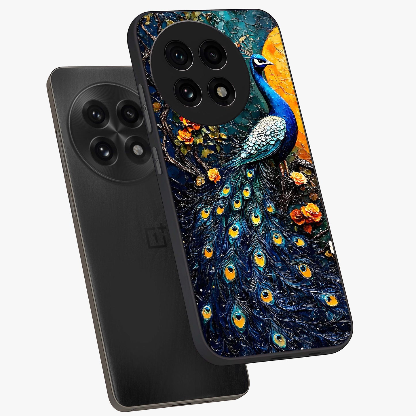 Peacock With Yellow Moon Glass Case for 1+13R angled mockup showcasing glossy finish and deep night tones