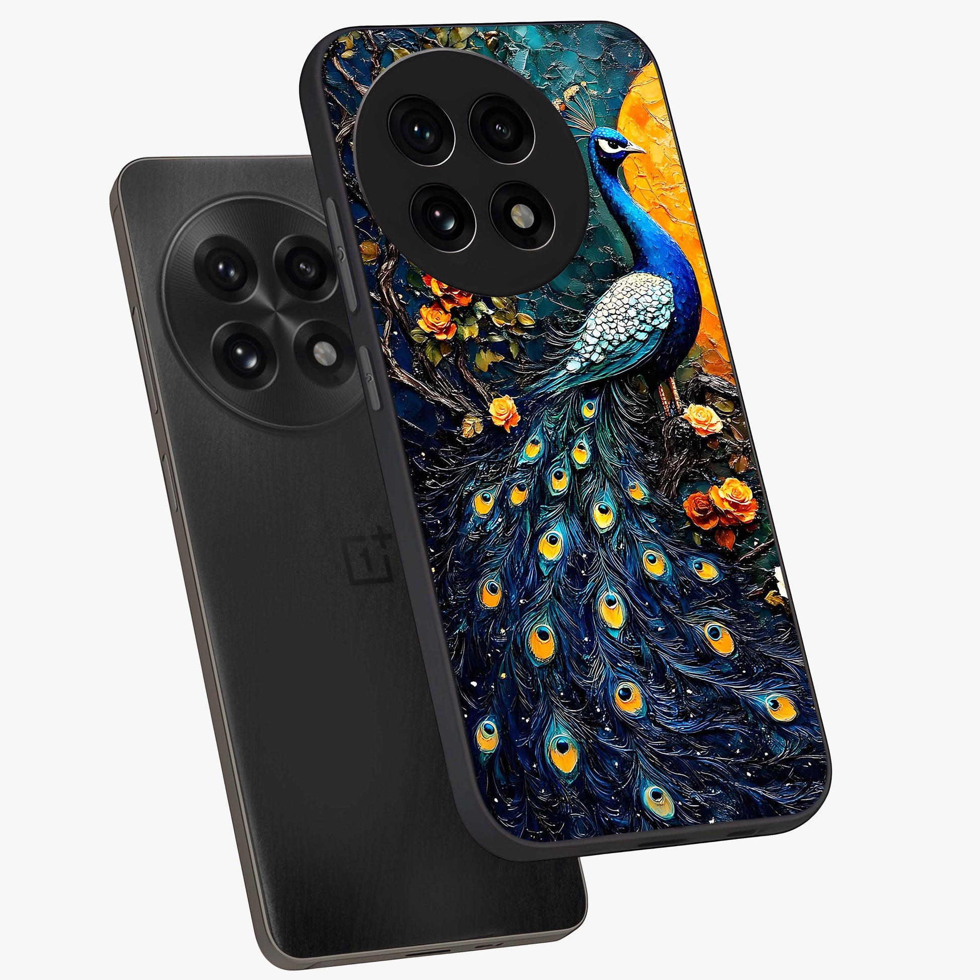 Peacock With Yellow Moon Glass Case for 1+13R angled mockup showcasing glossy finish and deep night tones