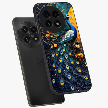 Peacock With Yellow Moon Glass Case for 1+13R angled mockup showcasing glossy finish and deep night tones