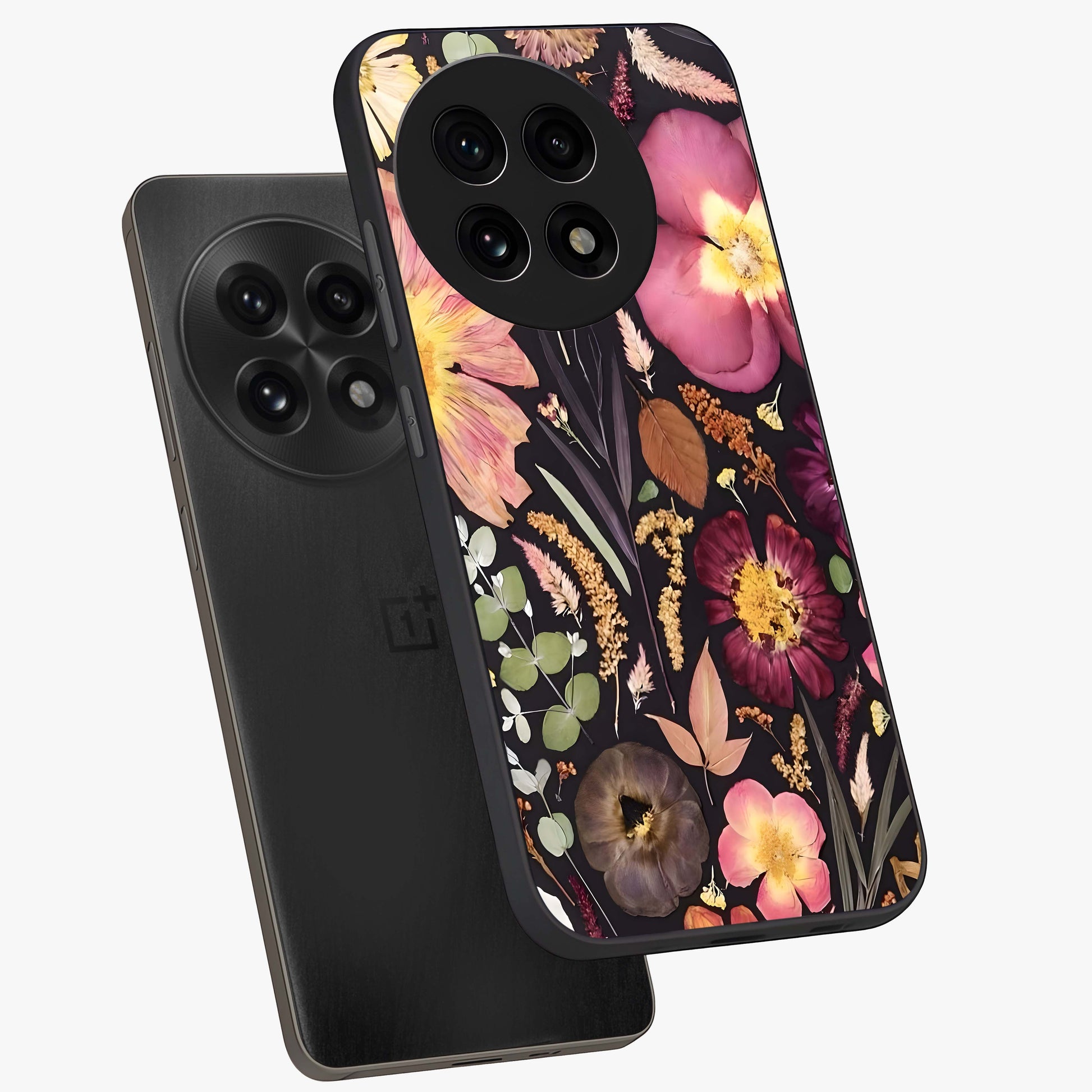 Petal Dream Tapestry Glass Case for 1+13R angled mockup showcasing glossy finish and rich bloom detailing