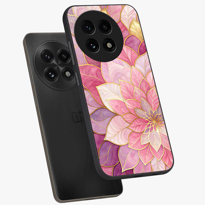 Petal Luxe Bloom Glass Case for 1+13R angled mockup showcasing glossy finish and vibrant bloom accents