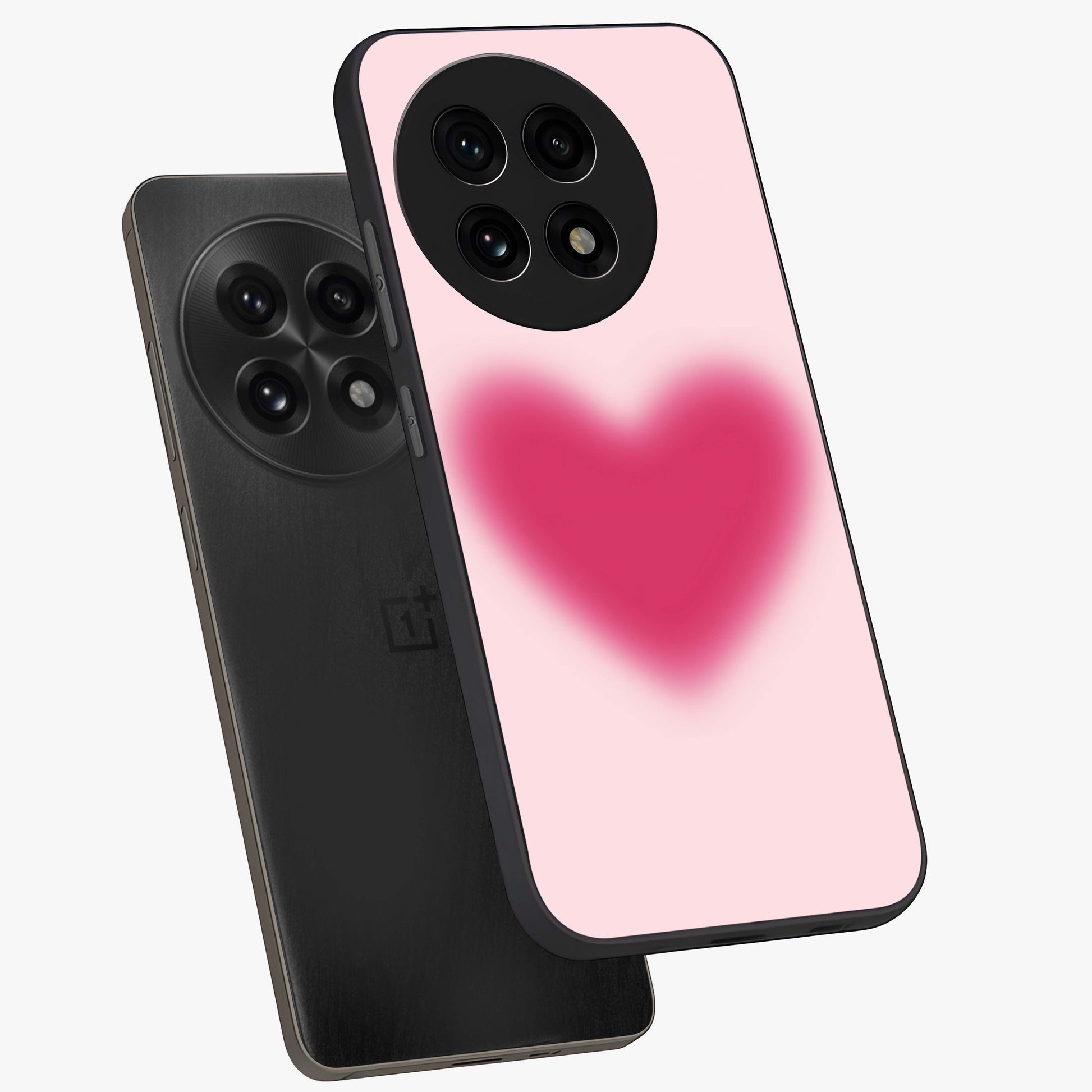 Pink Aura Heart Glass Case for 1+13R angled mockup showcasing glossy glass finish and radiant aura detailing