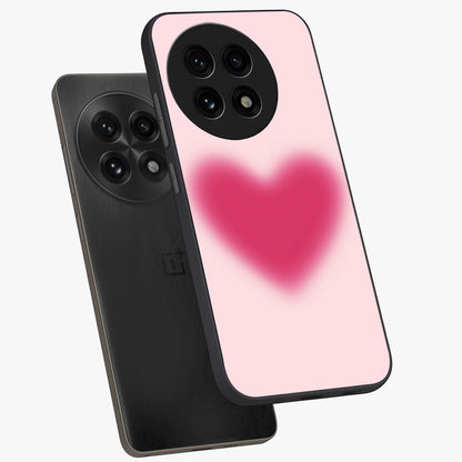 Pink Aura Heart Glass Case for 1+13R angled mockup showcasing glossy glass finish and radiant aura detailing