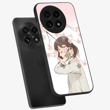 Pink Blossom Girl Glass Case for 1+13R angled mockup showcasing glossy finish and pastel floral detailing