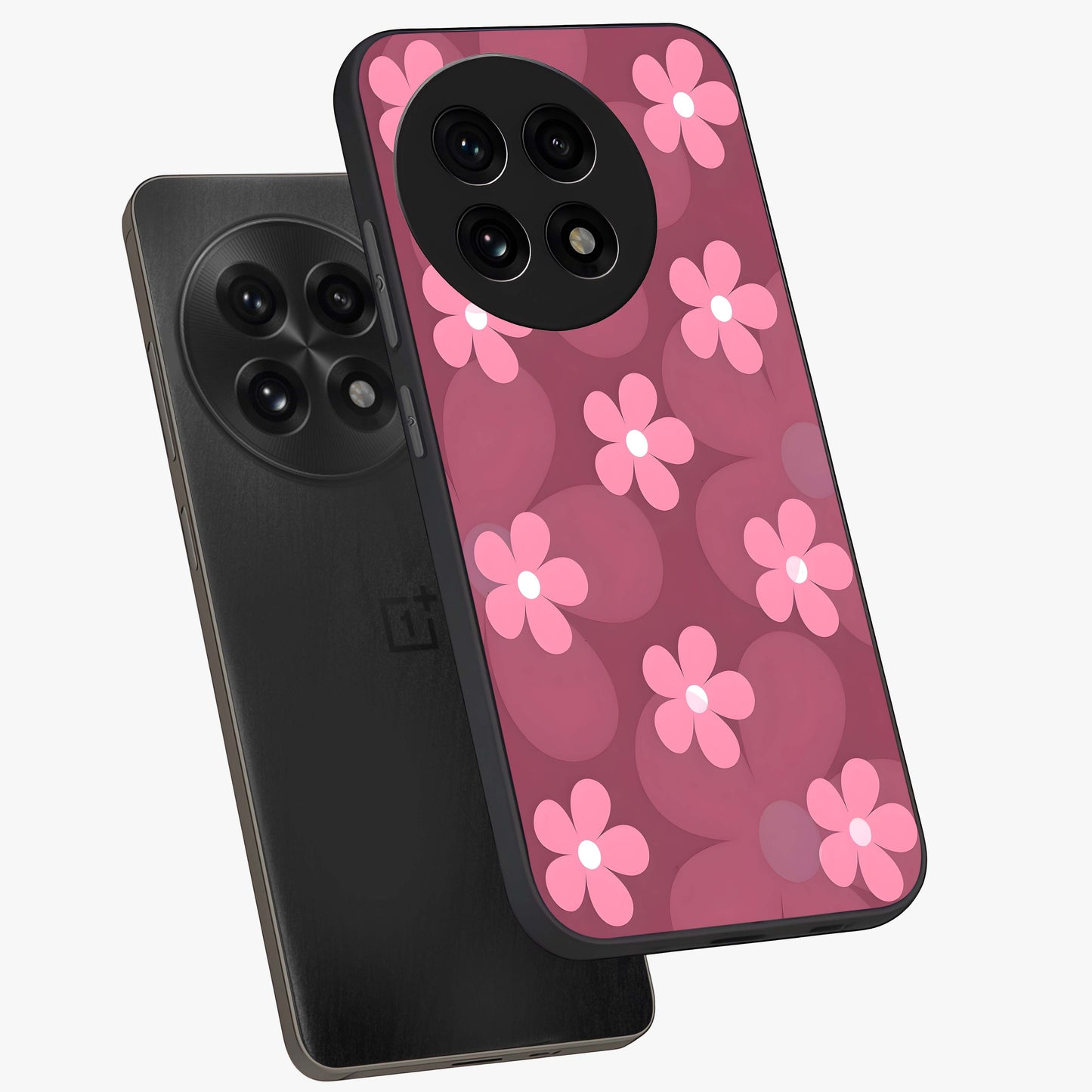 Pink Daisy Flower Pattern Glass Case for 1+13R angled mockup showcasing glossy finish and playful bloom detailing