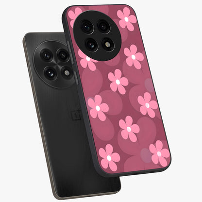 Pink Daisy Flower Pattern Glass Case for 1+13R angled mockup showcasing glossy finish and playful bloom detailing