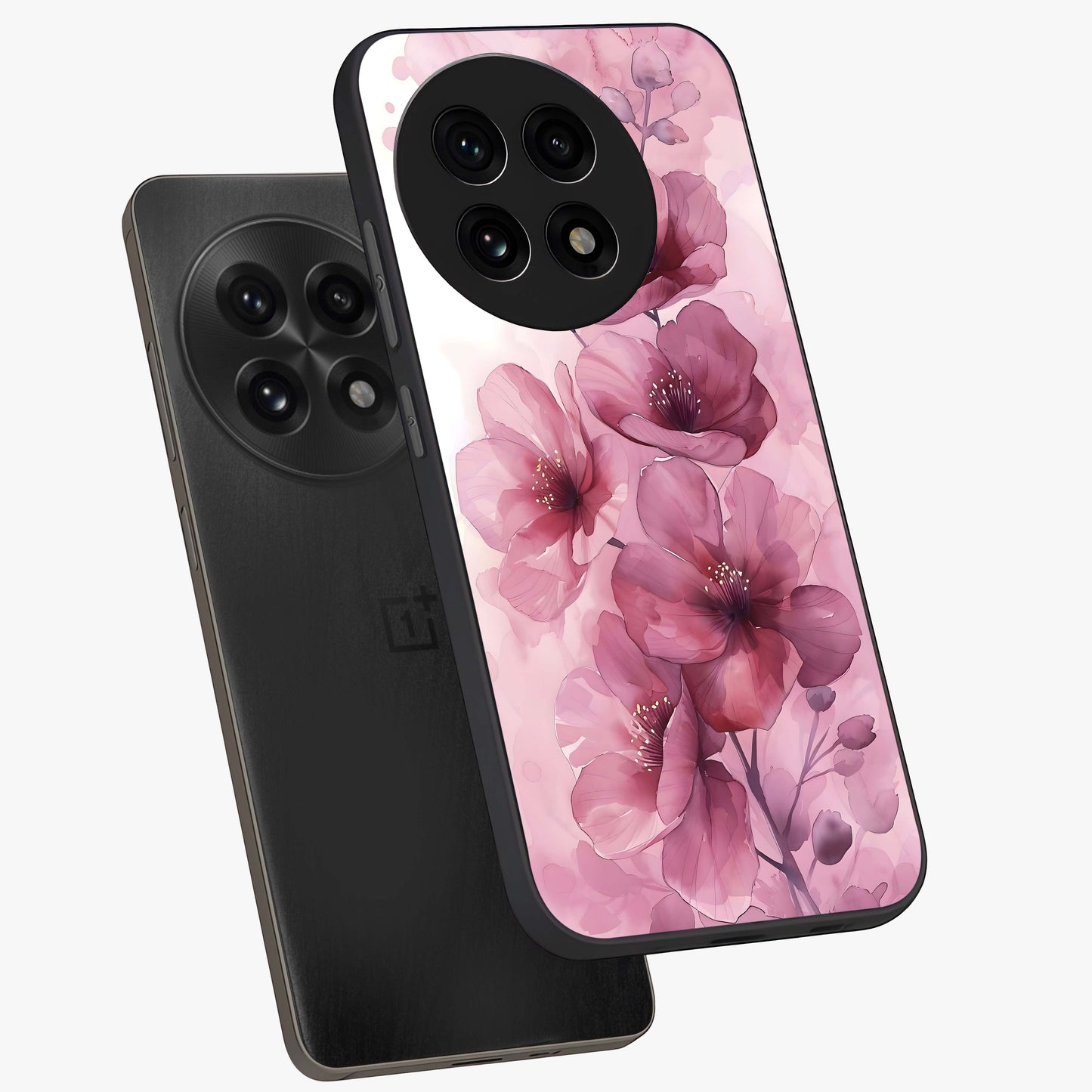 Pink Floral Glass Case for 1+13R angled mockup showcasing glossy finish and delicate bloom detailing
