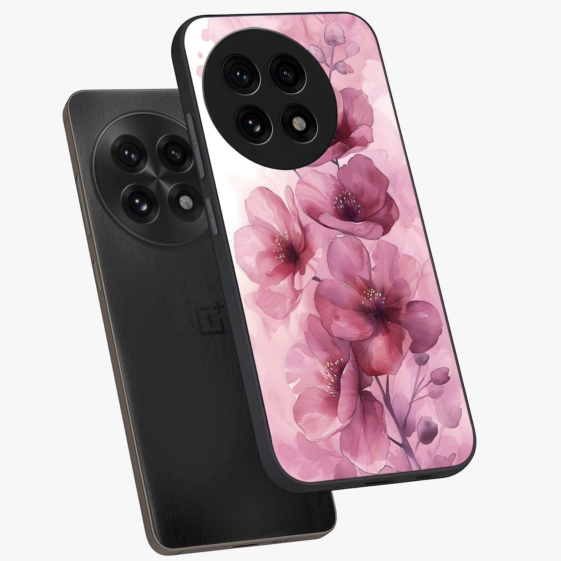 Pink Floral Glass Case for 1+13R angled mockup showcasing glossy finish and delicate bloom detailing