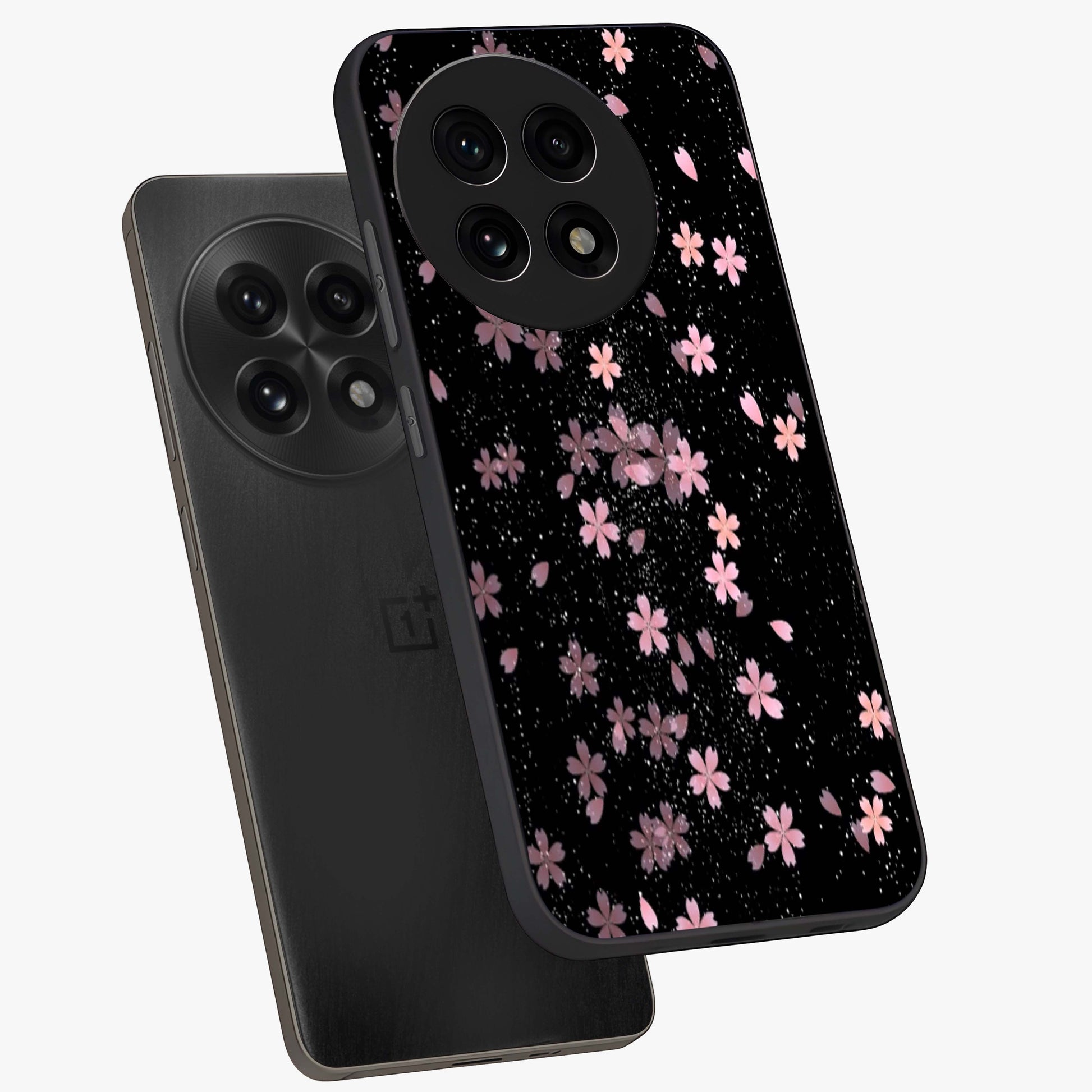 Pink Flower Black Background Glass Case for 1+13R angled mockup showcasing glossy finish and bold contrast tones