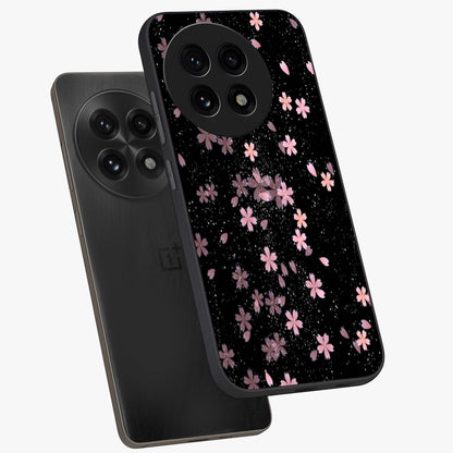 Pink Flower Black Background Glass Case for 1+13R angled mockup showcasing glossy finish and bold contrast tones
