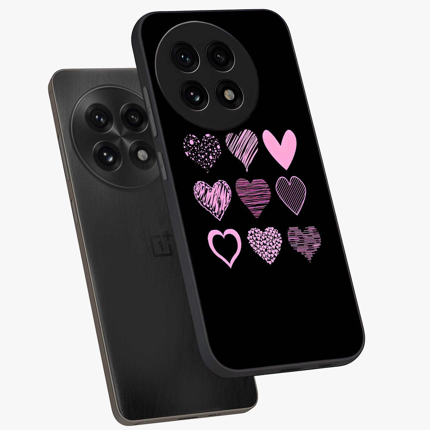 Pink Heart Aesthetic Glass Case for 1+13R angled mockup showcasing glossy finish and pastel romantic detailing