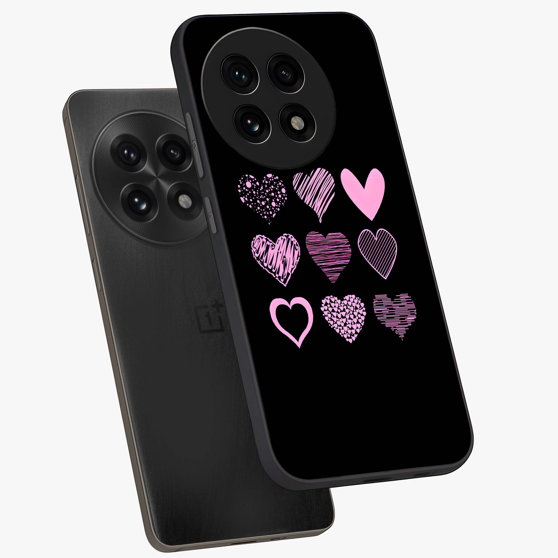 Pink Heart Aesthetic Glass Case for 1+13R angled mockup showcasing glossy finish and pastel romantic detailing