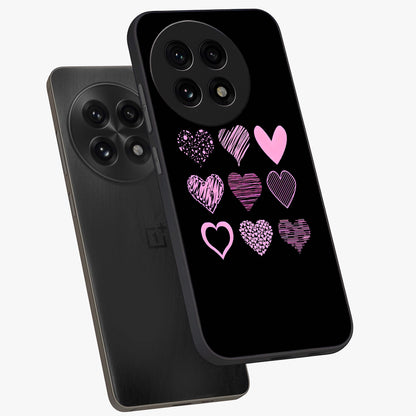 Pink Heart Aesthetic Glass Case for 1+13R angled mockup showcasing glossy finish and pastel romantic detailing