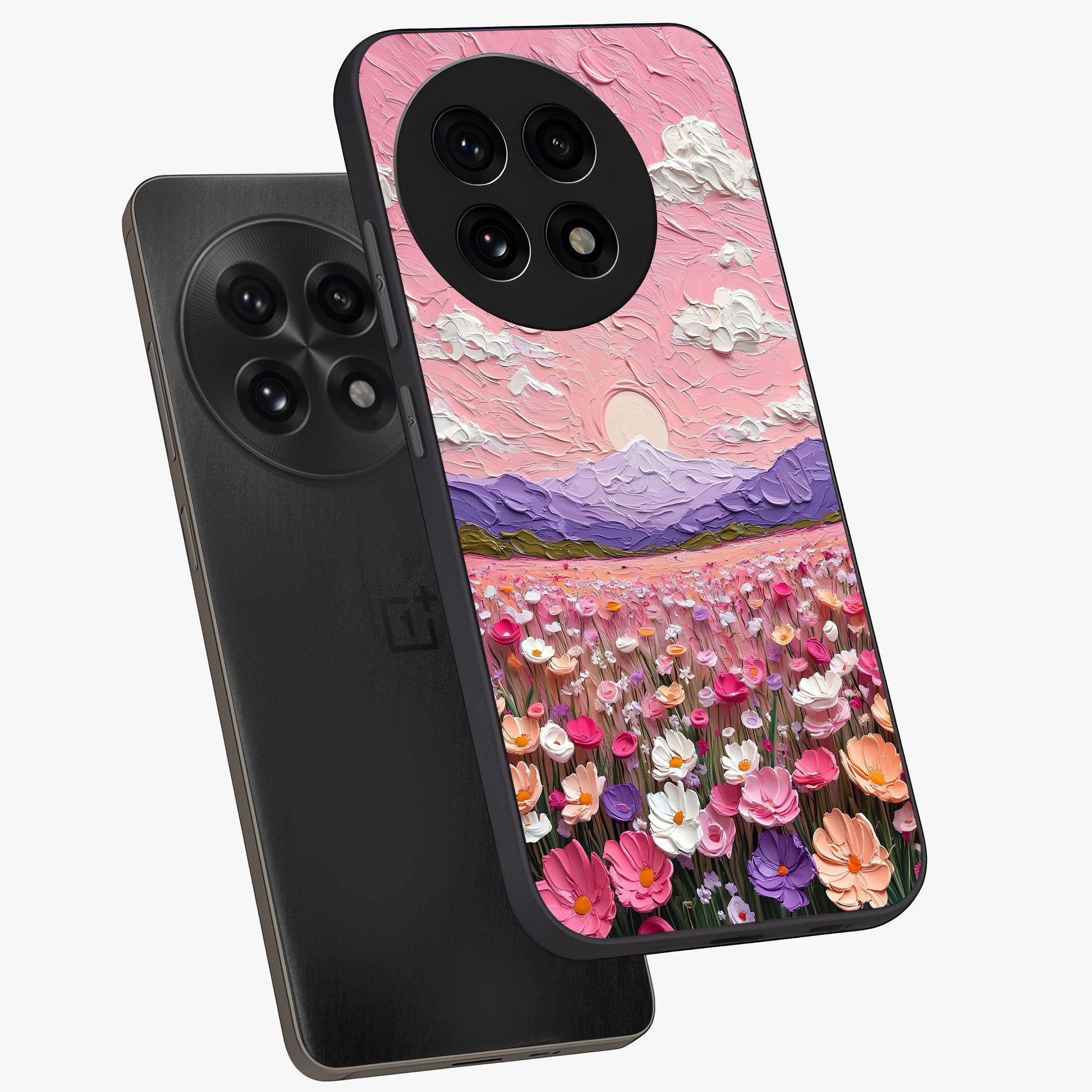 Pink Pastel Groovy Art Glass Case for 1+13R angled mockup showcasing glossy finish and vibrant abstract detailing