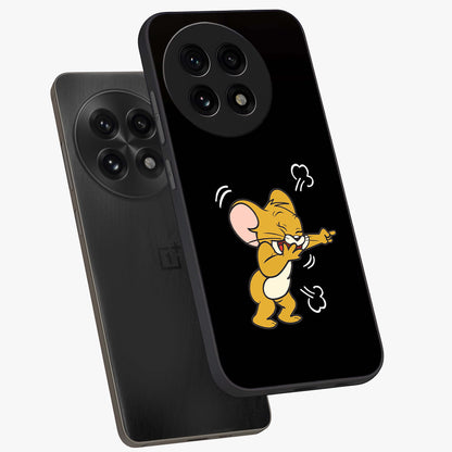 Playful Jerry Vibes Glass Case for 1+13R angled mockup showcasing glossy finish and vibrant character detailing